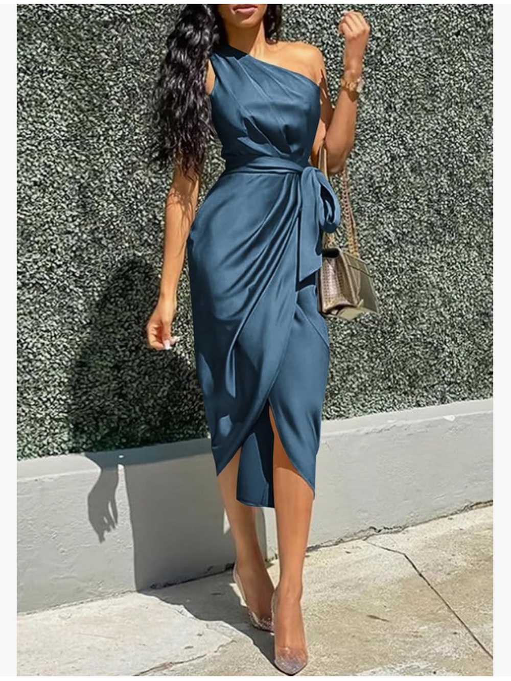 Elegant One-Shoulder Teal Wrap Dress with Side Tie
